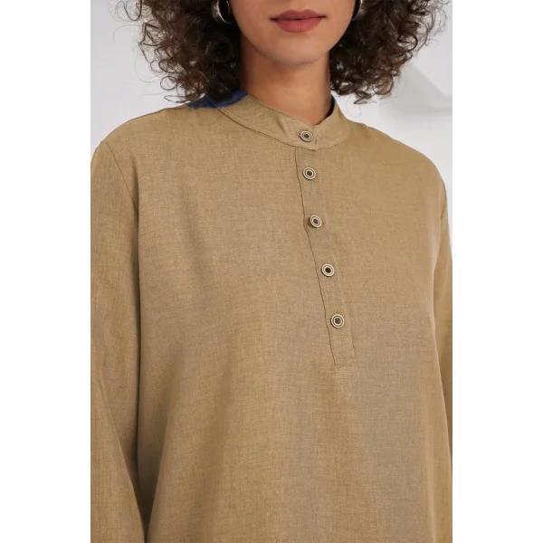 6678 Keten Tunik Pantolon İkili Takım - Bisküvi