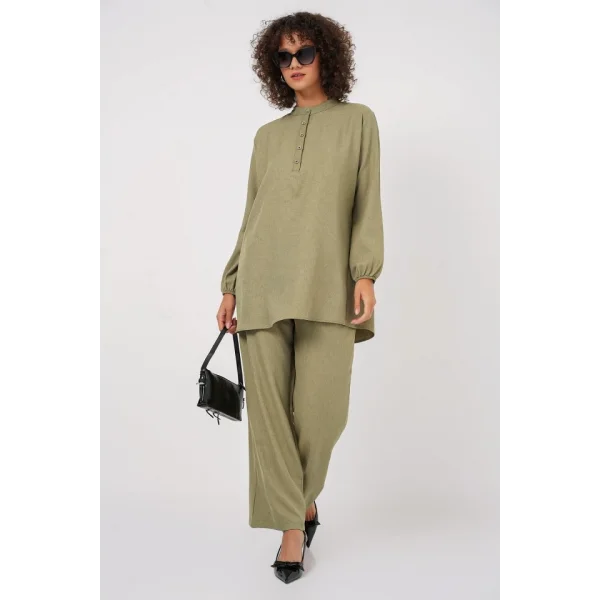 6678 Keten Tunik Pantolon İkili Takım - Çağla