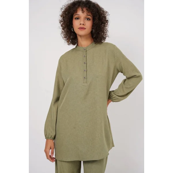 6678 Keten Tunik Pantolon İkili Takım - Çağla