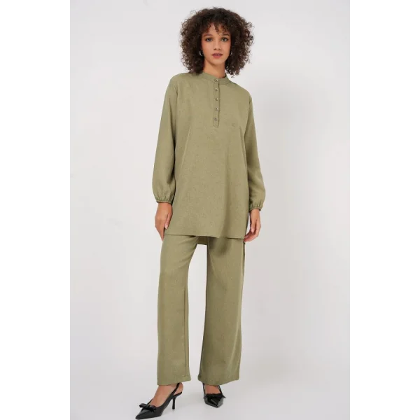 6678 Keten Tunik Pantolon İkili Takım - Çağla