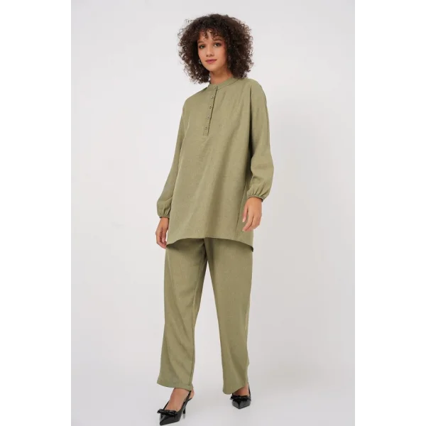 6678 Keten Tunik Pantolon İkili Takım - Çağla