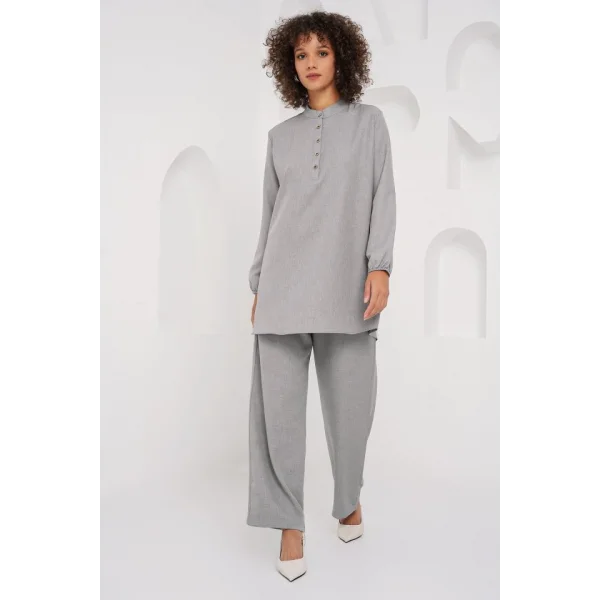 6678 Keten Tunik Pantolon İkili Takım - Gri