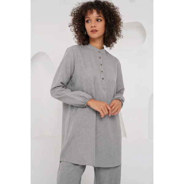 6678 Keten Tunik Pantolon İkili Takım - Gri
