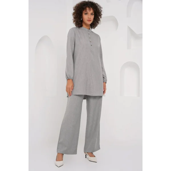 6678 Keten Tunik Pantolon İkili Takım - Gri