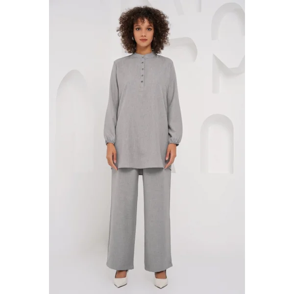 6678 Keten Tunik Pantolon İkili Takım - Gri