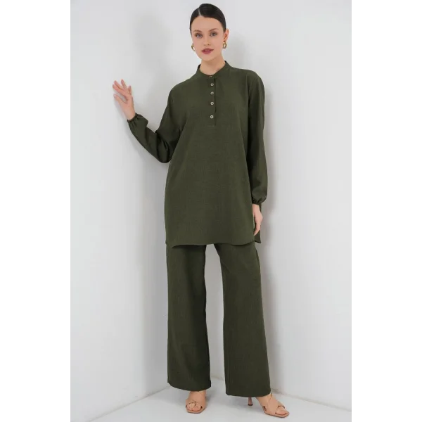 6678 Keten Tunik Pantolon İkili Takım - Haki