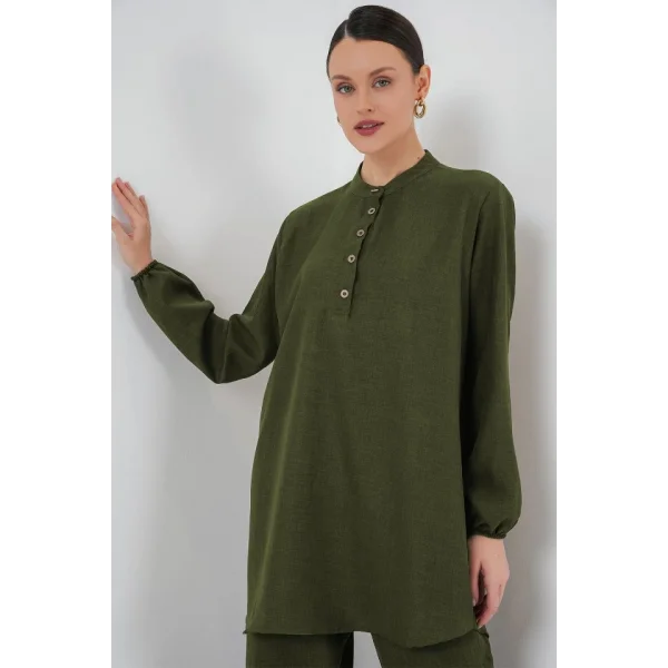 6678 Keten Tunik Pantolon İkili Takım - Haki