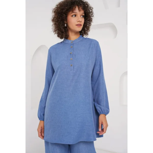 6678 Keten Tunik Pantolon İkili Takım - İndigo