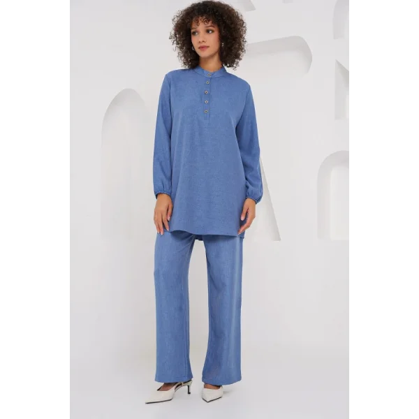 6678 Keten Tunik Pantolon İkili Takım - İndigo