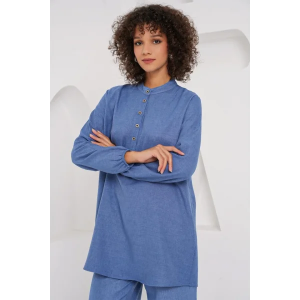 6678 Keten Tunik Pantolon İkili Takım - İndigo