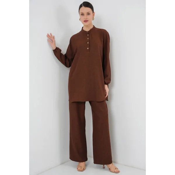 6678 Keten Tunik Pantolon İkili Takım - Kahverengi