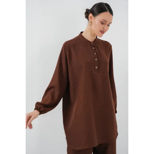 6678 Keten Tunik Pantolon İkili Takım - Kahverengi
