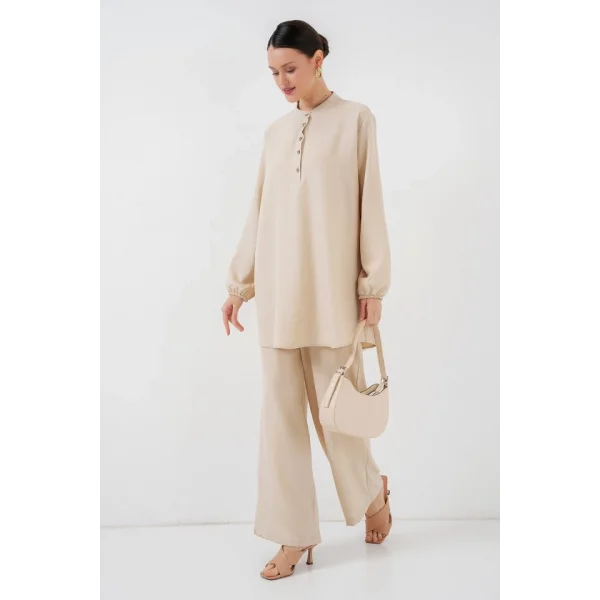 6678 Keten Tunik Pantolon İkili Takım - Krem