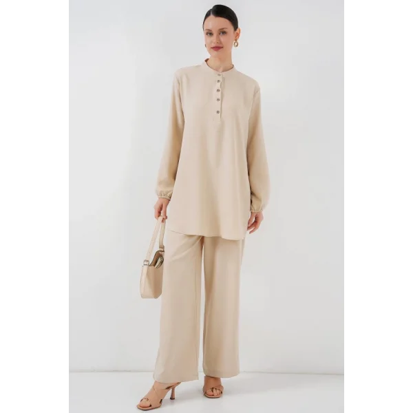 6678 Keten Tunik Pantolon İkili Takım - Krem