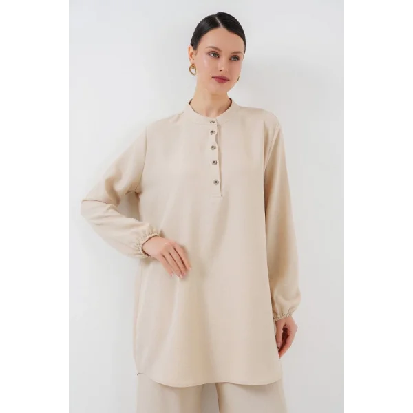 6678 Keten Tunik Pantolon İkili Takım - Krem