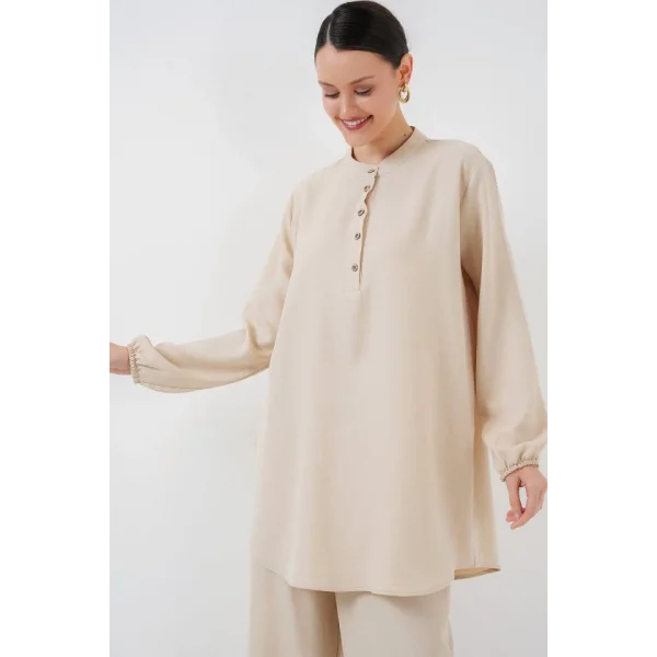 6678 Keten Tunik Pantolon İkili Takım - Krem