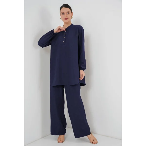 6678 Keten Tunik Pantolon İkili Takım - Lacivert