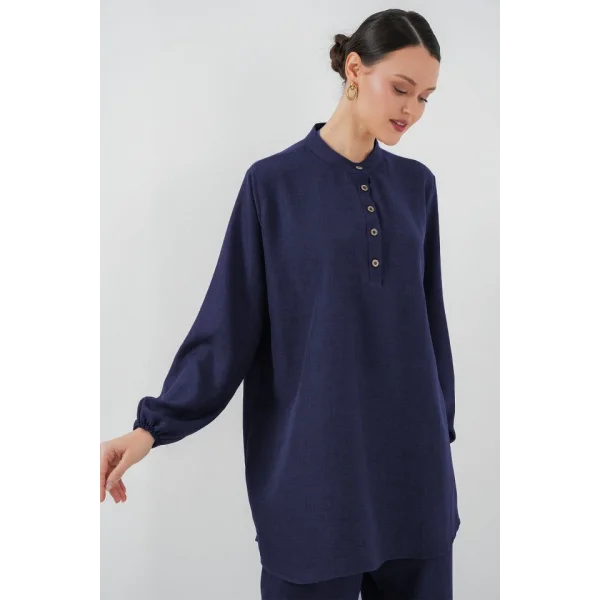 6678 Keten Tunik Pantolon İkili Takım - Lacivert