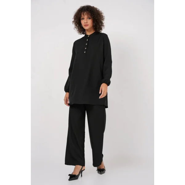 6678 Keten Tunik Pantolon İkili Takım - Siyah