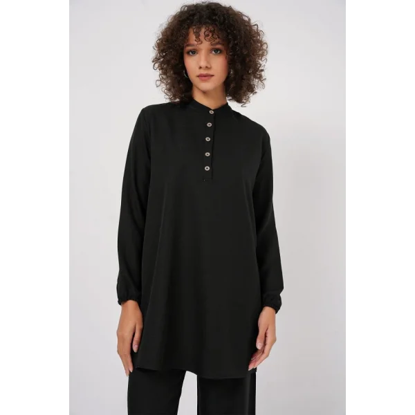 6678 Keten Tunik Pantolon İkili Takım - Siyah