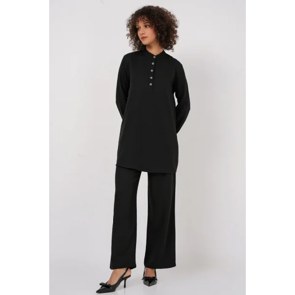 6678 Keten Tunik Pantolon İkili Takım - Siyah