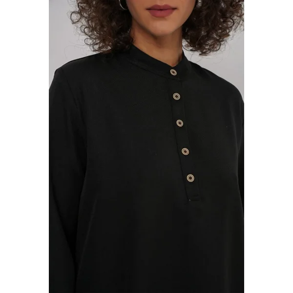 6678 Keten Tunik Pantolon İkili Takım - Siyah