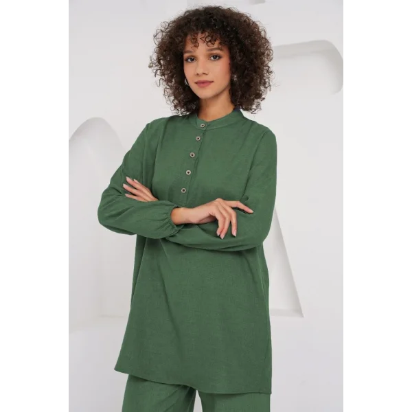 6678 Keten Tunik Pantolon İkili Takım - Zümrüt Yeşili