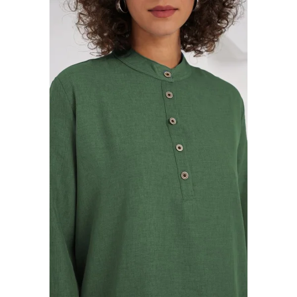 6678 Keten Tunik Pantolon İkili Takım - Zümrüt Yeşili