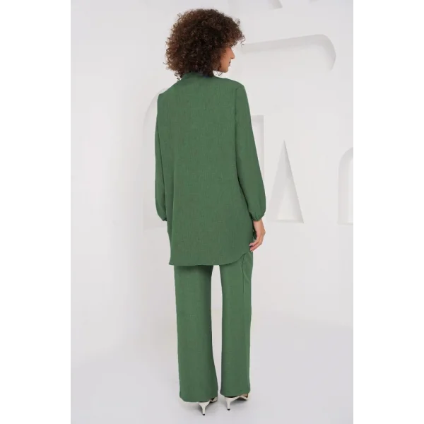 6678 Keten Tunik Pantolon İkili Takım - Zümrüt Yeşili