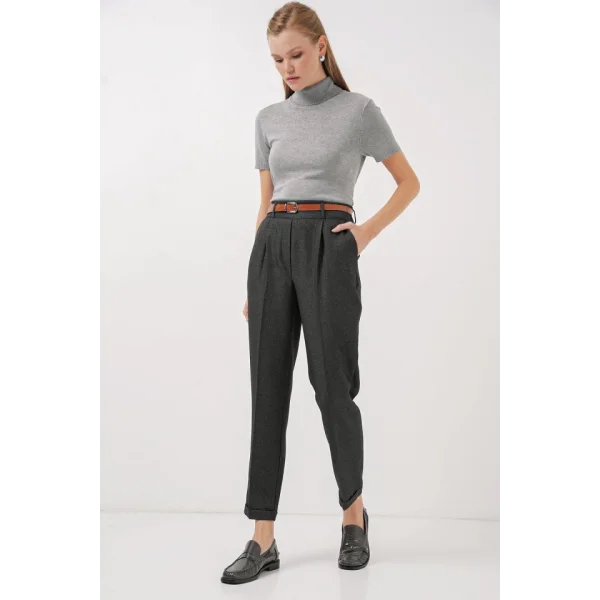 6686 Pileli Kemerli Kumaş Pantolon  Füme