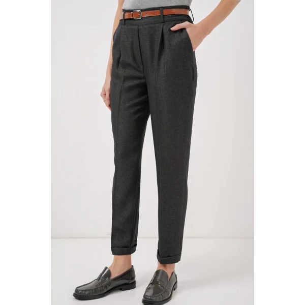 6686 Pileli Kemerli Kumaş Pantolon  Füme