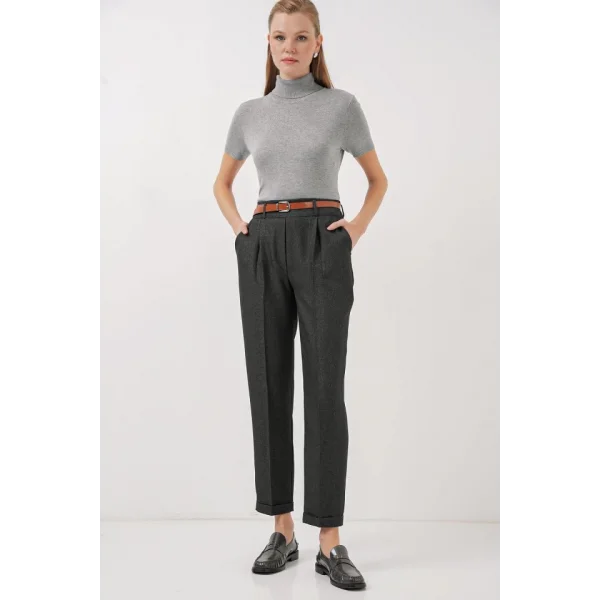 6686 Pileli Kemerli Kumaş Pantolon  Füme