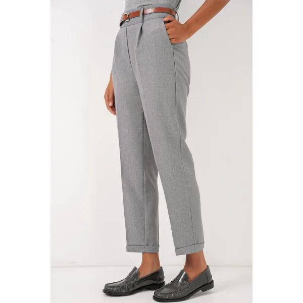 6686 Pileli Kemerli Kumaş Pantolon  Gri