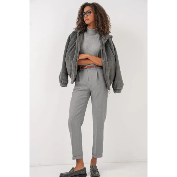 6686 Pileli Kemerli Kumaş Pantolon  Gri
