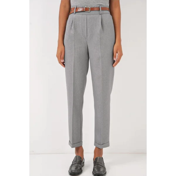 6686 Pileli Kemerli Kumaş Pantolon  Gri