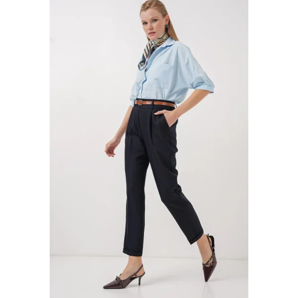 6686 Pileli Kemerli Kumaş Pantolon  Lacivert