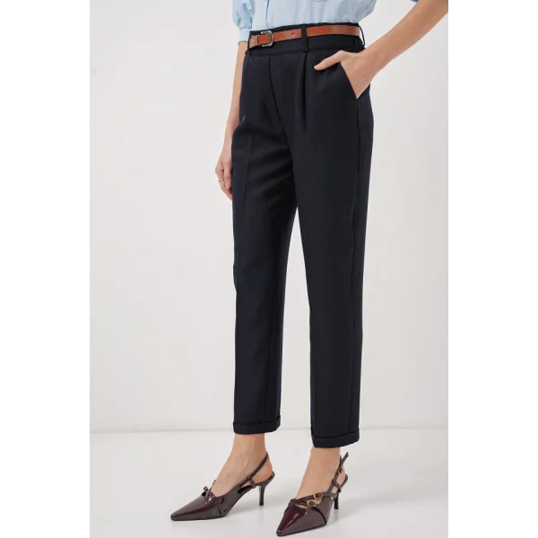 6686 Pileli Kemerli Kumaş Pantolon  Lacivert