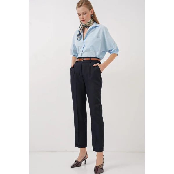 6686 Pileli Kemerli Kumaş Pantolon  Lacivert