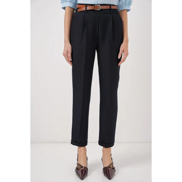 6686 Pileli Kemerli Kumaş Pantolon  Lacivert