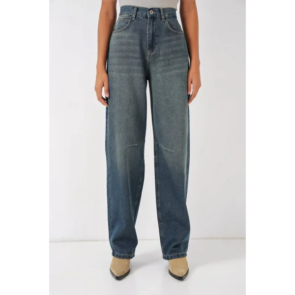 6689 Yüksek Bel Baggy Kot Pantolon  İndigo