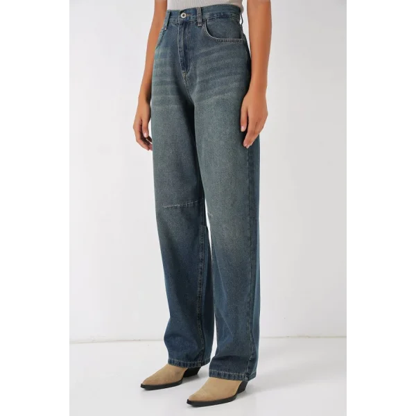 6689 Yüksek Bel Baggy Kot Pantolon  İndigo