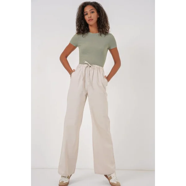 6690 Bol Paça Yüksek Bel Pantolon  Krem
