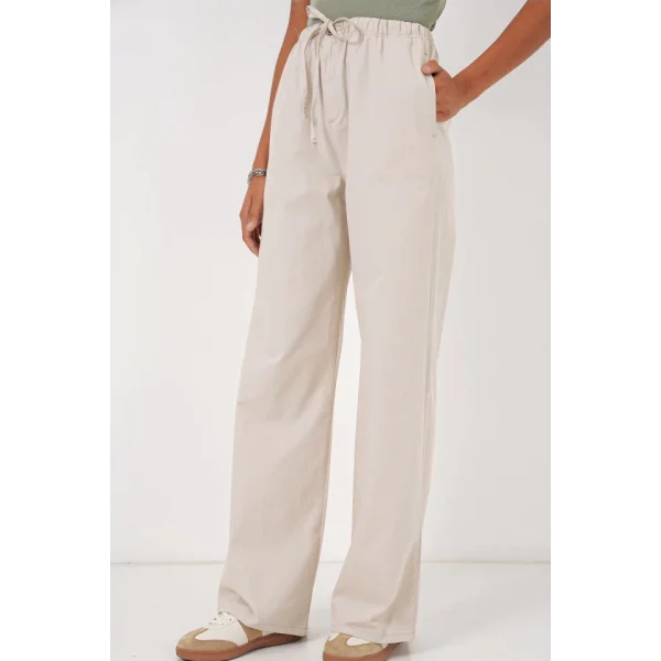 6690 Bol Paça Yüksek Bel Pantolon  Krem