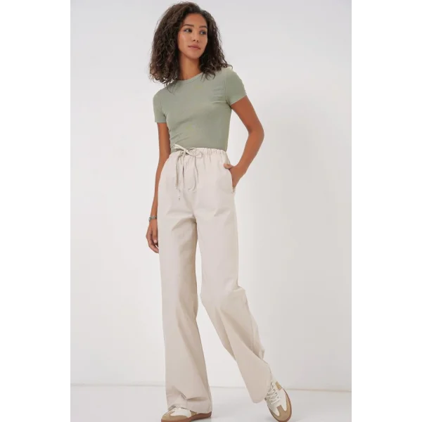 6690 Bol Paça Yüksek Bel Pantolon  Krem