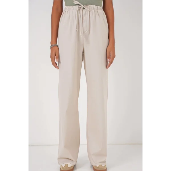 6690 Bol Paça Yüksek Bel Pantolon  Krem