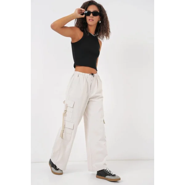 6691 Geniş Paça Kargo Pantolon  Ekru