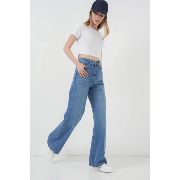 6702 Bol Paça Yüksek Bel Palazzo Kot Pantolon  Lacivert