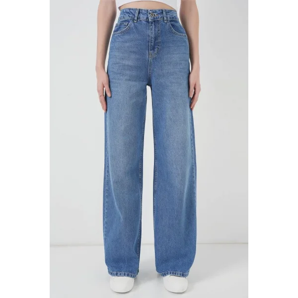 6702 Bol Paça Yüksek Bel Palazzo Kot Pantolon  Lacivert