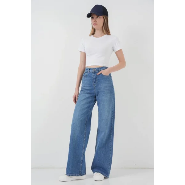 6702 Bol Paça Yüksek Bel Palazzo Kot Pantolon  Lacivert