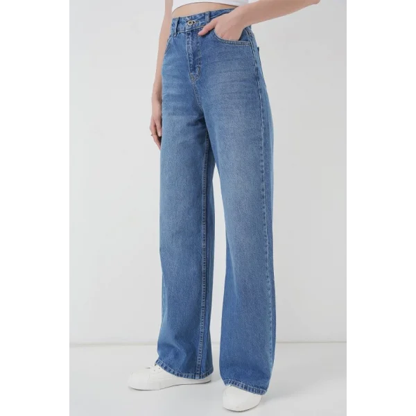 6702 Bol Paça Yüksek Bel Palazzo Kot Pantolon  Lacivert